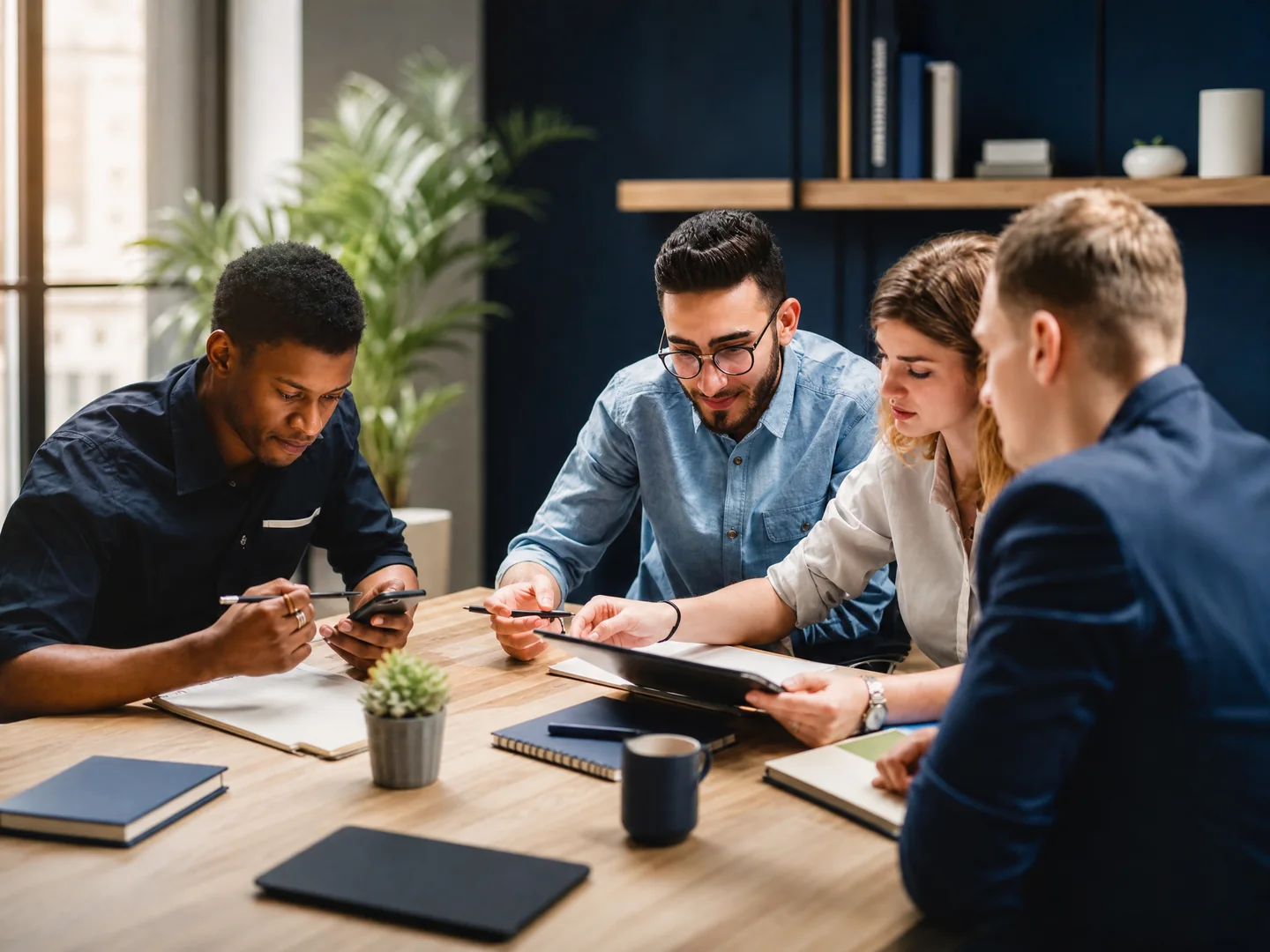 Four agency professionals collaborating around a table